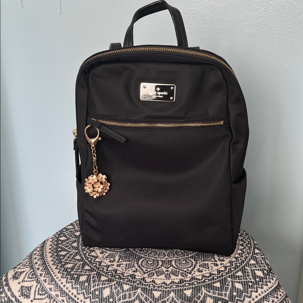 Kate Spade Blake Avenue Hilo Nylon Black Bag Backpack 14K Gold Plated Name Plate